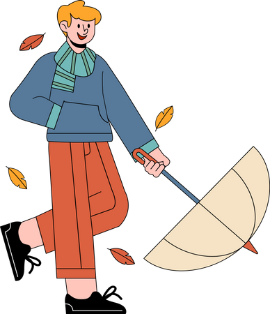 Garçon avec parapluie profite de l’automne  Illustration