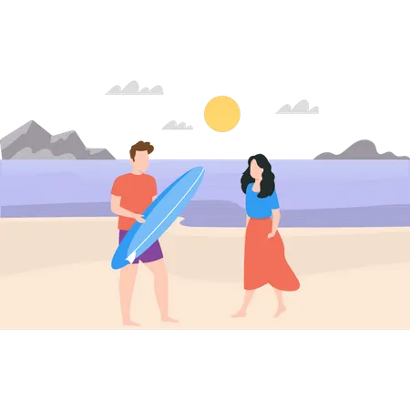 Garçon avec planche de surf et fille marchant sur la plage  Illustration