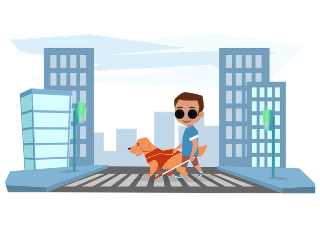 Garçon aveugle traversant la route avec l'aide d'un chien  Illustration