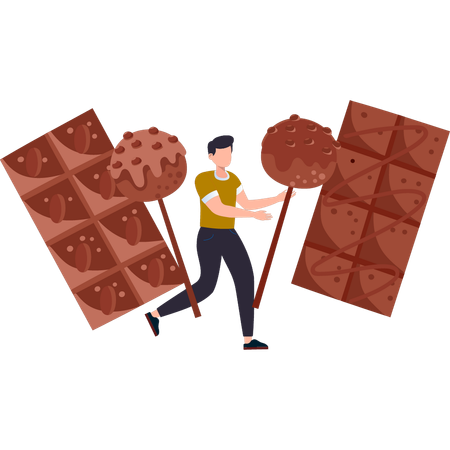 Le garçon a une barre de chocolats et des sucettes au chocolat  Illustration