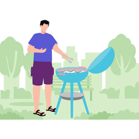 Garçon faisant un barbecue dans le parc  Illustration