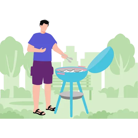 Garçon faisant un barbecue dans le parc  Illustration