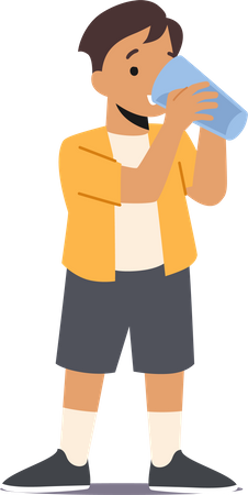 Un garçon boit de l'eau dans un verre  Illustration