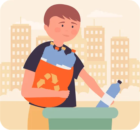 Garçon collectant une bouteille pour le recyclage  Illustration