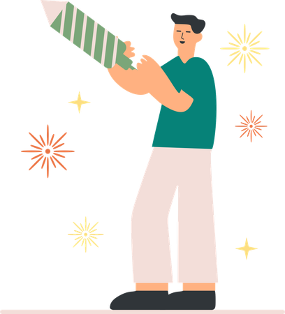 Un garçon brûle une fusée pour Diwali  Illustration