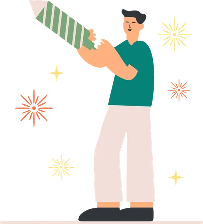 Un garçon brûle une fusée pour Diwali  Illustration