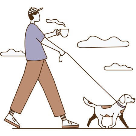 Un garçon boit du café tout en promenant son chien  Illustration