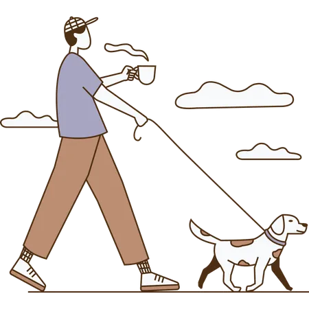 Un garçon boit du café tout en promenant son chien  Illustration