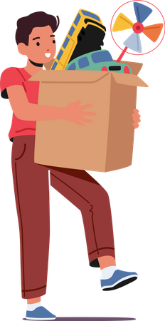 Un garçon porte une boîte en carton avec des jouets  Illustration