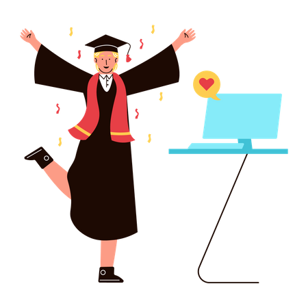 Garçon célébrant son diplôme en ligne  Illustration