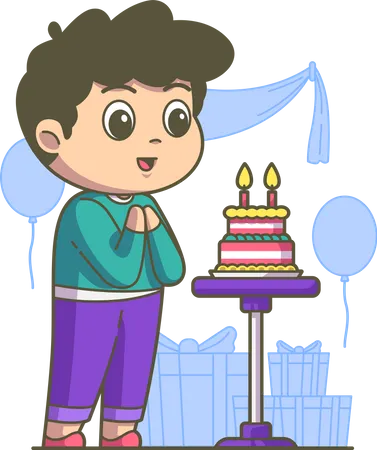 Garçon célébrant son anniversaire avec un gâteau  Illustration
