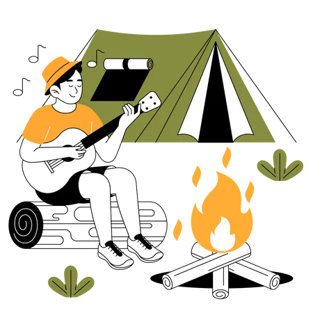 Garçon chantant et jouant de la guitare près du feu de camp  Illustration