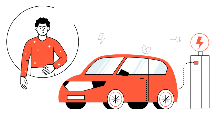 Garçon chargeant une voiture électrique  Illustration