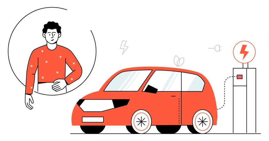 Garçon chargeant une voiture électrique  Illustration
