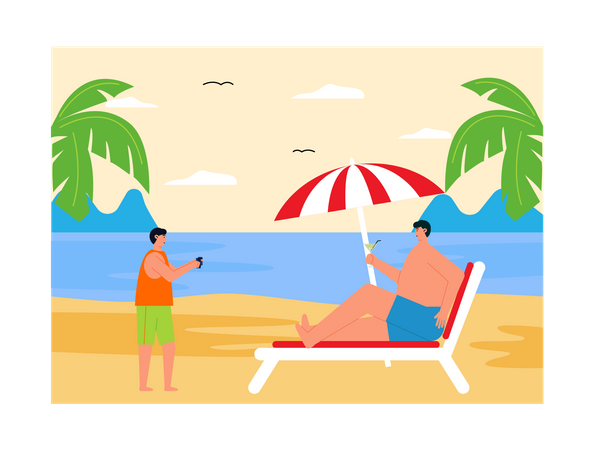 Garçon cliquant sur l'image d'un homme assis à la plage  Illustration