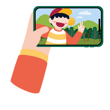 Garçon cliquant sur selfie en voyage  Illustration
