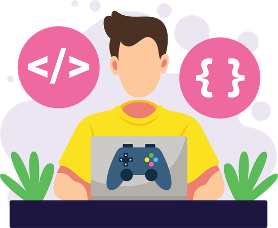 Garçon codant une application de jeu sur un ordinateur portable Illustration