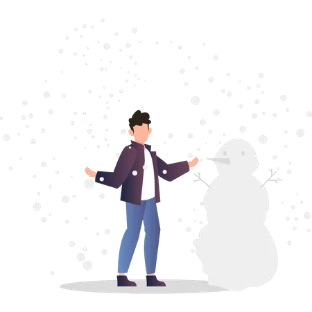 Garçon construisant un bonhomme de neige  Illustration