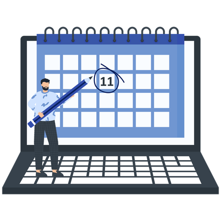 Garçon vérifiant le calendrier en ligne  Illustration