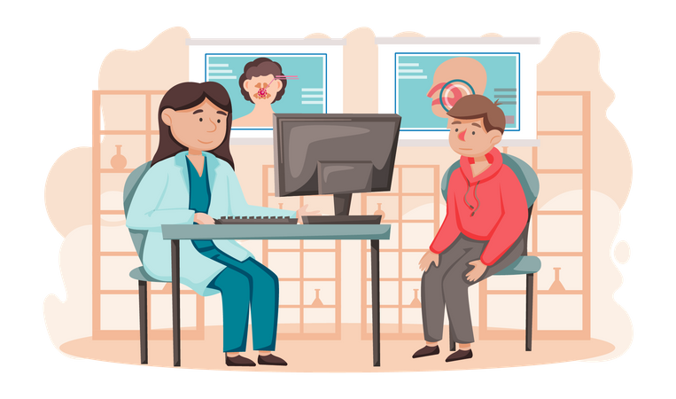 Garçon consultant un médecin sur des problèmes de santé  Illustration