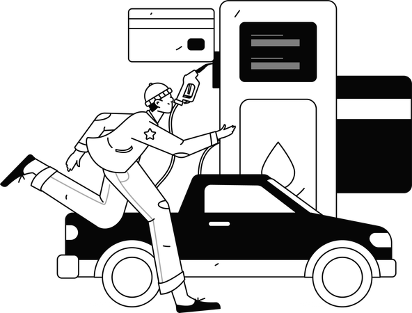 Garçon courant à la pompe à carburant pendant le ravitaillement de la voiture  Illustration
