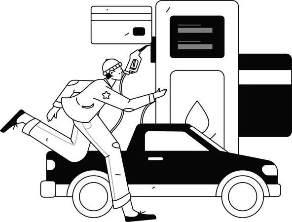 Garçon courant à la pompe à carburant pendant le ravitaillement de la voiture  Illustration