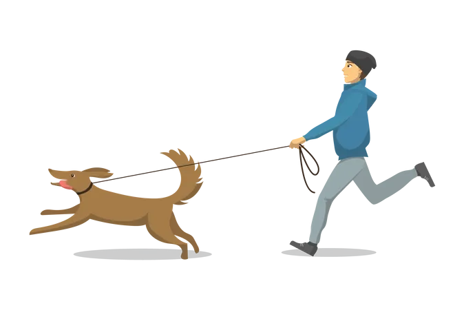 Garçon qui court avec un chien  Illustration