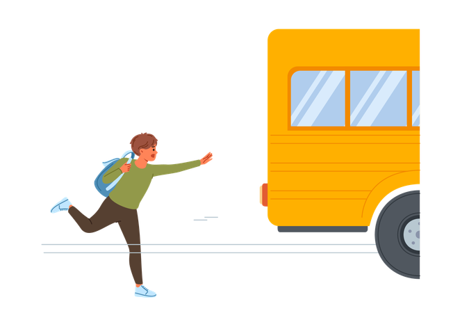 Un garçon court pour attraper le bus scolaire  Illustration