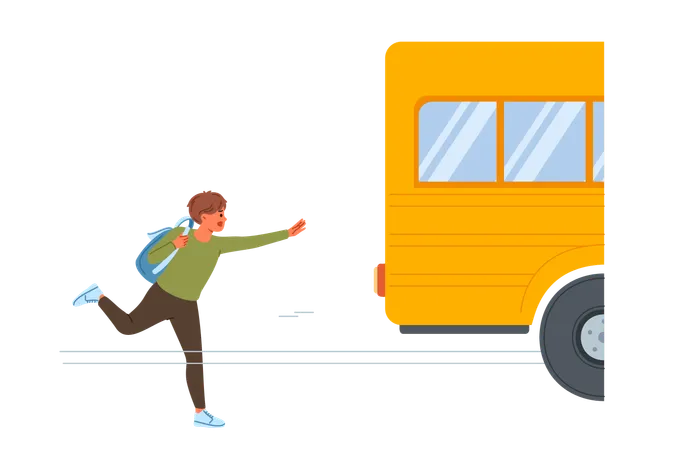 Un garçon court pour attraper le bus scolaire  Illustration