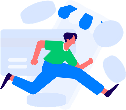 Garçon courant tout en faisant des achats sur mobile  Illustration