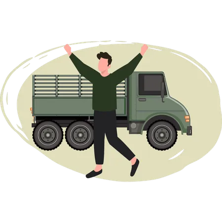 Garçon de l'armée debout à côté d'un camion militaire  Illustration