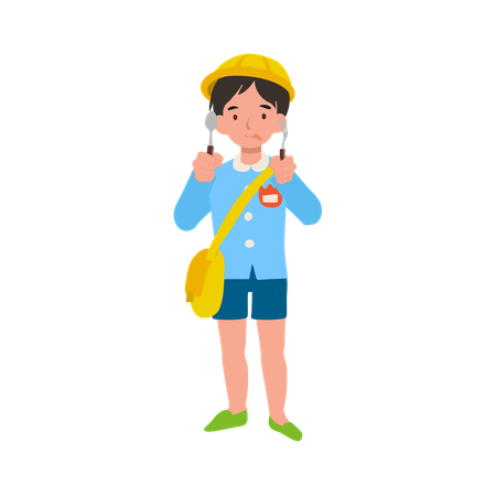 Garçon joyeux de maternelle en uniforme mangeant avec une fourchette et une cuillère, souriant et montrant de la joie  Illustration