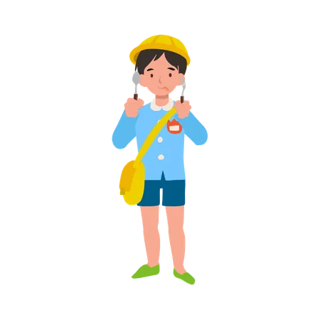 Garçon joyeux de maternelle en uniforme mangeant avec une fourchette et une cuillère, souriant et montrant de la joie  Illustration