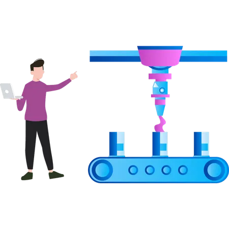 Garçon debout à côté d’une machine avec un ordinateur portable  Illustration