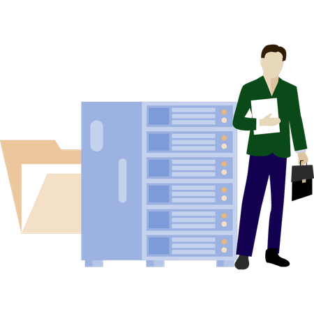 Garçon debout à côté des données du serveur  Illustration