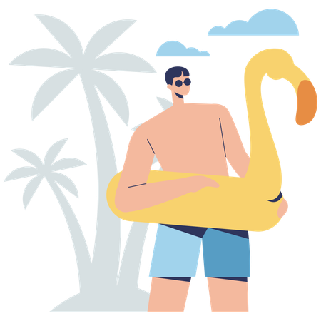 Garçon debout avec du caoutchouc de natation à la plage  Illustration