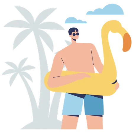 Garçon debout avec du caoutchouc de natation à la plage  Illustration