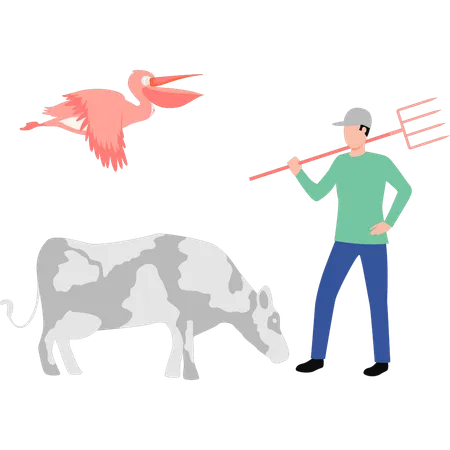 Garçon debout devant une vache avec une fourche  Illustration