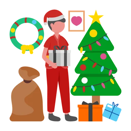 Garçon debout en costume de Père Noël  Illustration