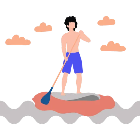 Garçon debout et bateau à rames  Illustration