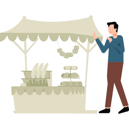 Garçon debout près d'un stand de boulangerie  Illustration