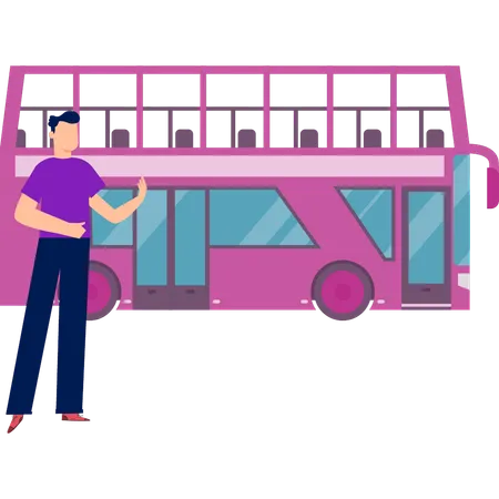 Garçon debout près du bus à impériale  Illustration