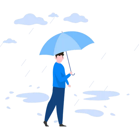 Garçon debout sous la pluie avec un parapluie  Illustration