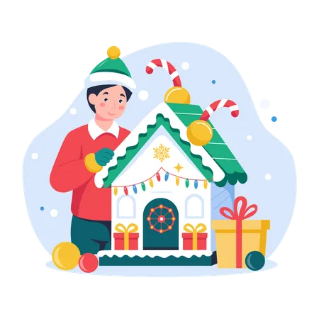 Un garçon décore sa maison pour Noël  Illustration