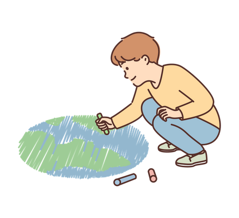 Garçon dessinant de la terre sur le sol  Illustration