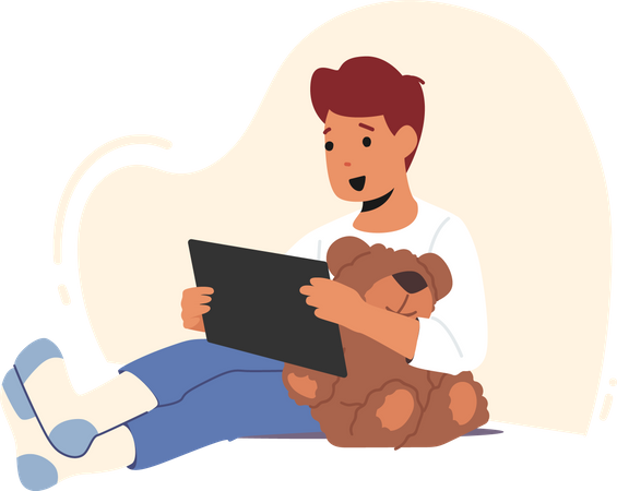 Garçon détendu avec tablette PC et ours en peluche  Illustration