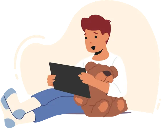 Garçon détendu avec tablette PC et ours en peluche  Illustration