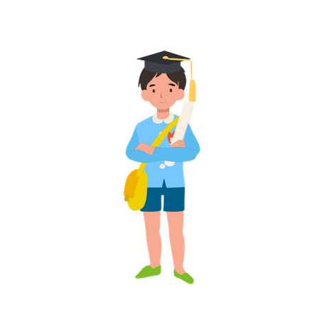 Garçon diplômé de maternelle tenant un certificat en uniforme scolaire célébrant sa réussite scolaire  Illustration
