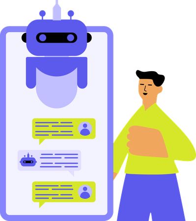 Un garçon discute avec un chatbot IA sur son smartphone  Illustration