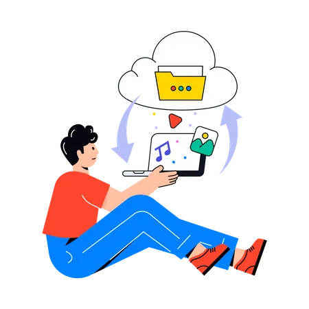 Garçon effectuant la synchronisation des données dans le cloud  Illustration